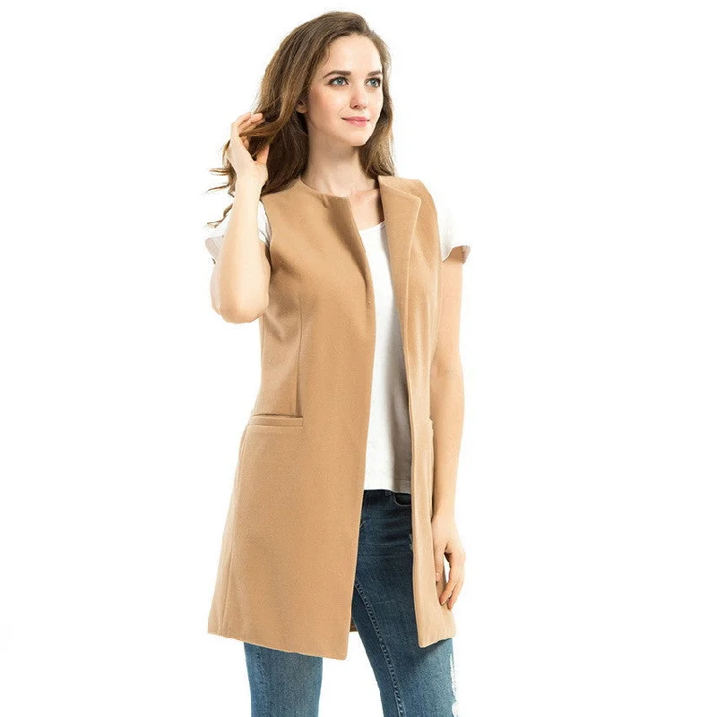 Women Spring Wool Blend Vest Waistcoat Ladies Winter Long Camel Vest Sleeveless Jacket Coat Plus Size Veste Femme Gilet