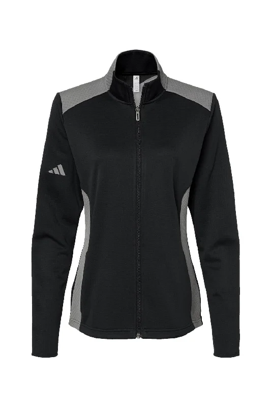 Adidas Womens Textured Mixed Media Full Zip Jacket - Black/Grey - NEW