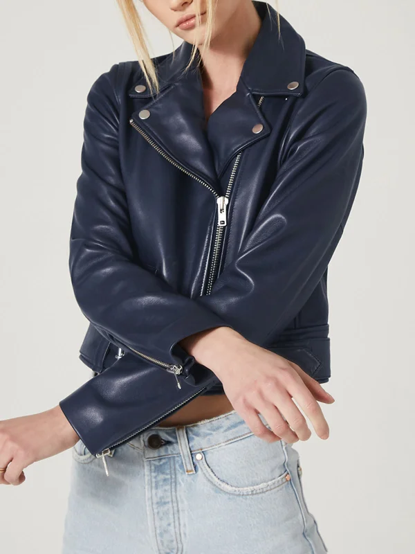 women navy blue leather bike racer jacket