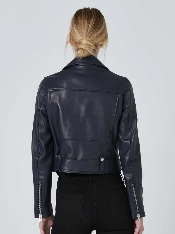 women navy blue leather bike racer jacket