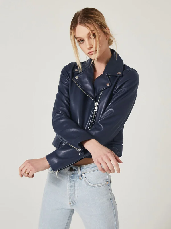 women navy blue leather bike racer jacket