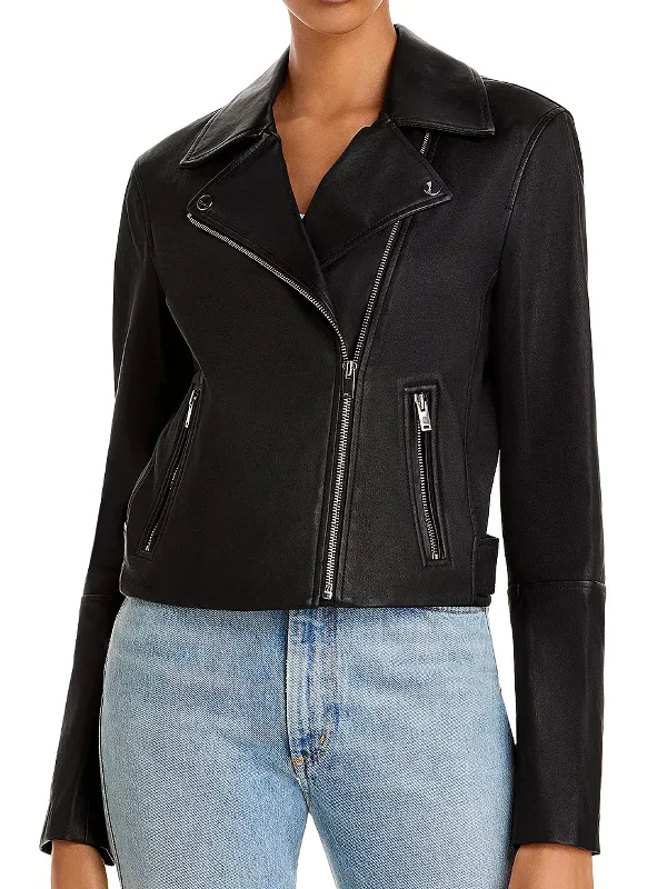 Womens Black Cropped Leather Moto Jacket