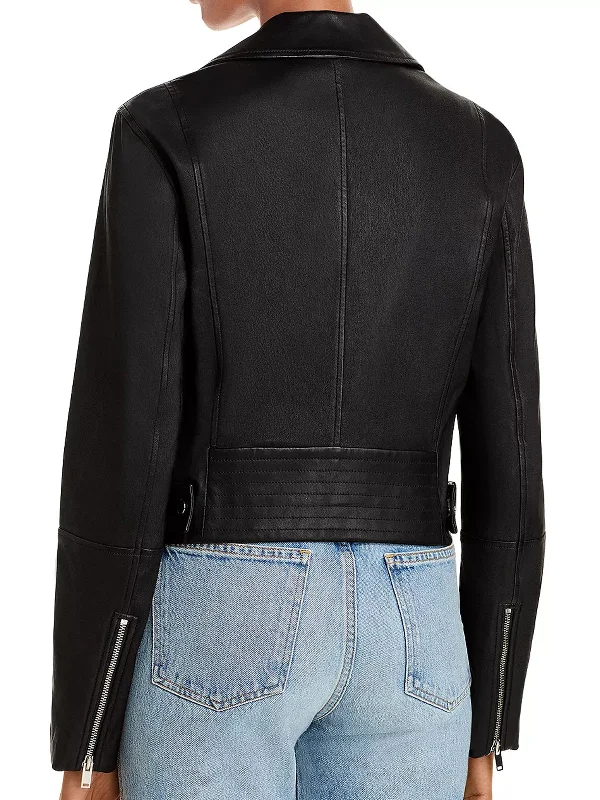 Womens Black Cropped Leather Moto Jacket