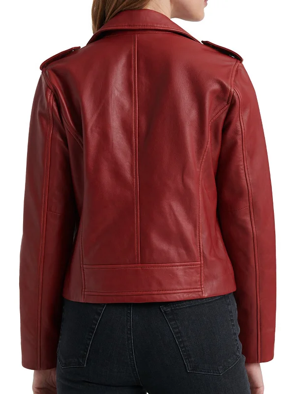 Womens Red Stylish Hem Collar Classic Leather JACKET