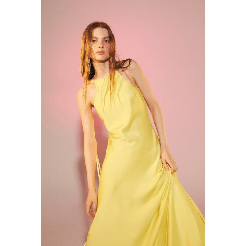 Addie Satin Long Dress in Lime Light