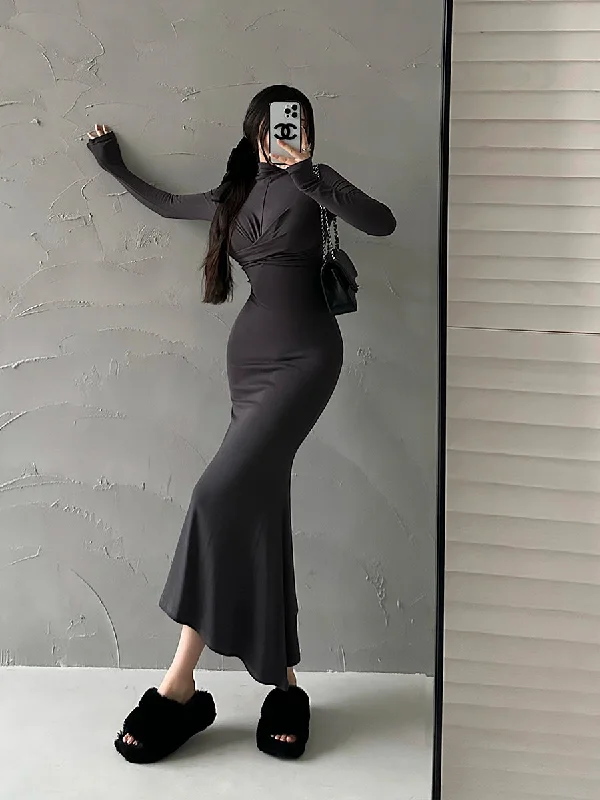 Avah Solid Color Chest Wrapping Long Sleeve Turtleneck Slim Mermaid Dress