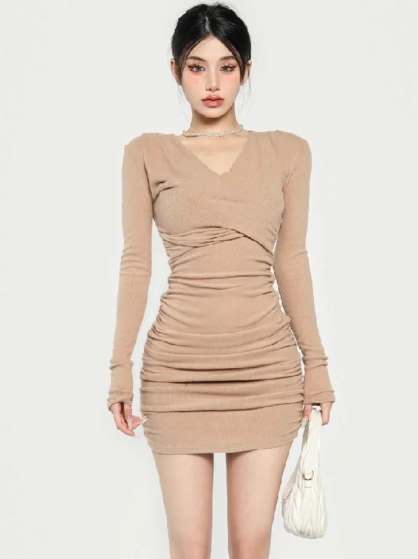 Bethany Solid Color V-Neck Long Sleeve Slim Mini Dress