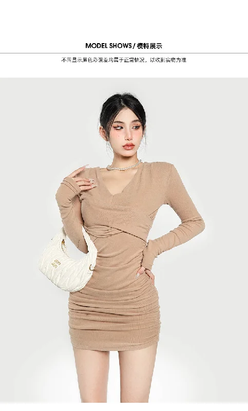 Bethany Solid Color V-Neck Long Sleeve Slim Mini Dress