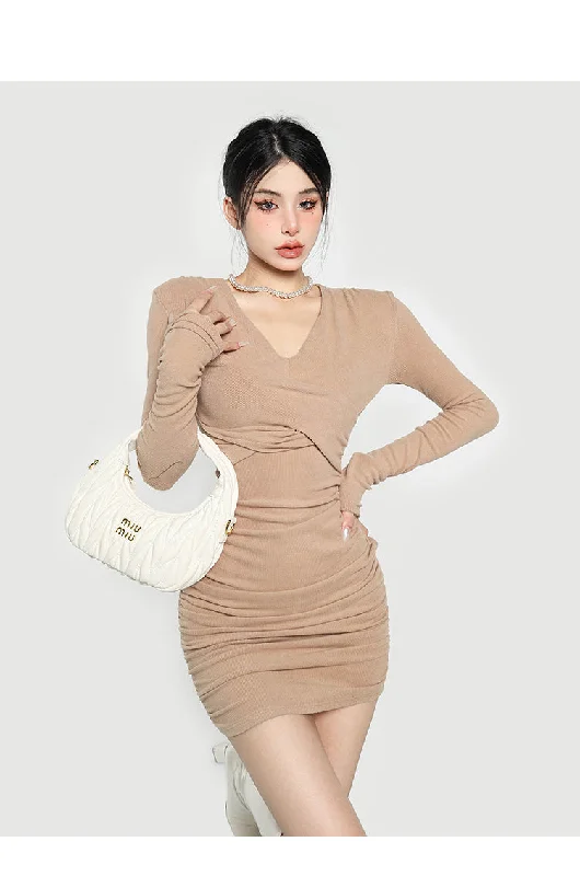 Bethany Solid Color V-Neck Long Sleeve Slim Mini Dress