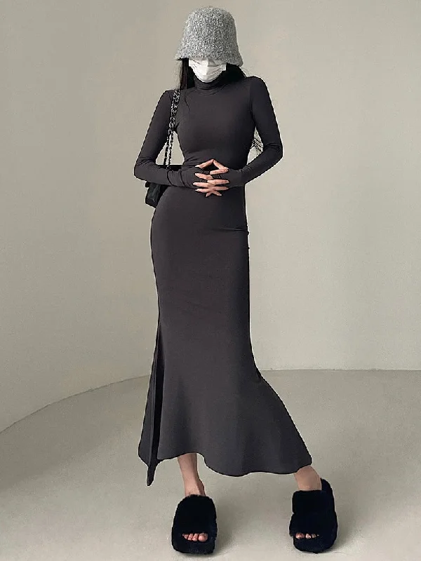 Crystal Solid Color Slim Long Sleeve Long Turtleneck Dress