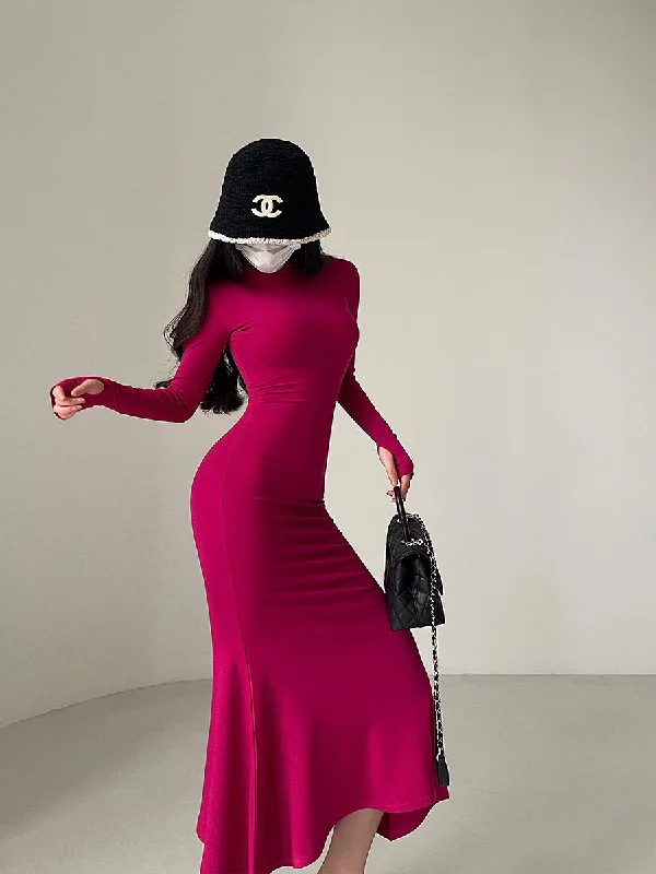 Crystal Solid Color Slim Long Sleeve Long Turtleneck Dress