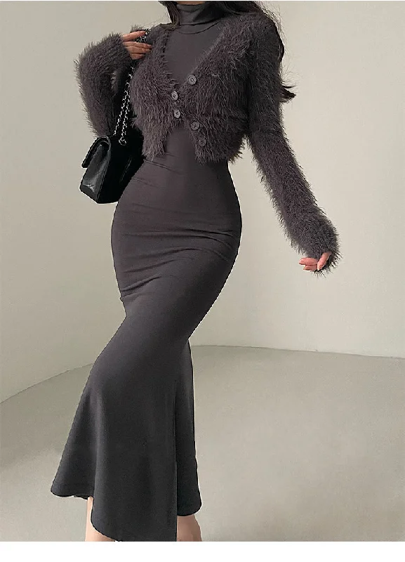 Crystal Solid Color Slim Long Sleeve Long Turtleneck Dress