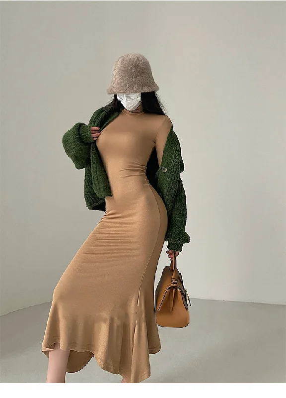 Crystal Solid Color Slim Long Sleeve Long Turtleneck Dress