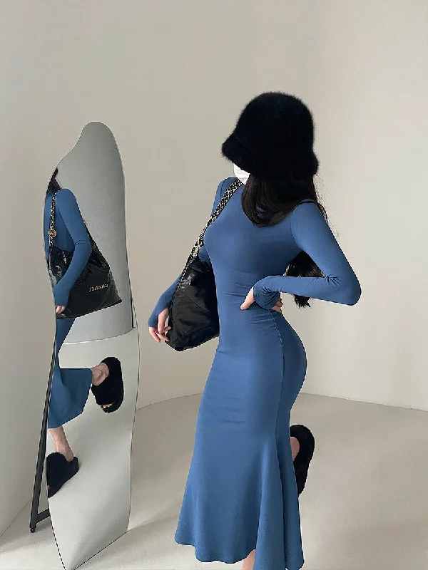 Crystal Solid Color Slim Long Sleeve Long Turtleneck Dress