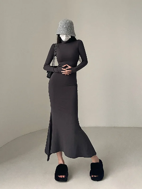 Crystal Solid Color Slim Long Sleeve Long Turtleneck Dress