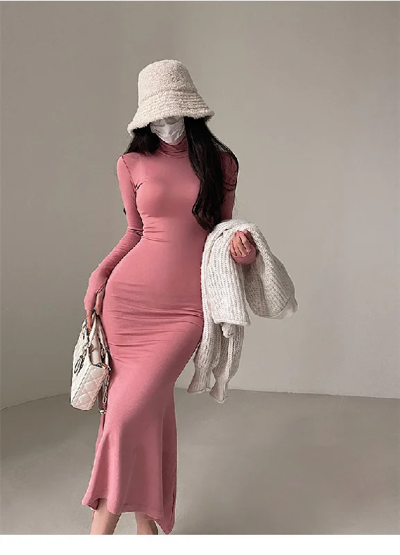 Crystal Solid Color Slim Long Sleeve Long Turtleneck Dress