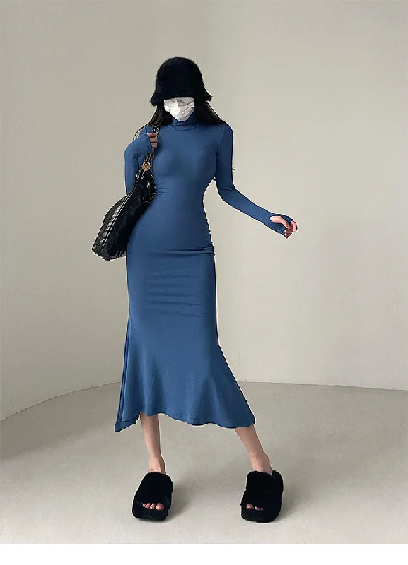 Crystal Solid Color Slim Long Sleeve Long Turtleneck Dress