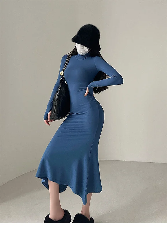 Crystal Solid Color Slim Long Sleeve Long Turtleneck Dress