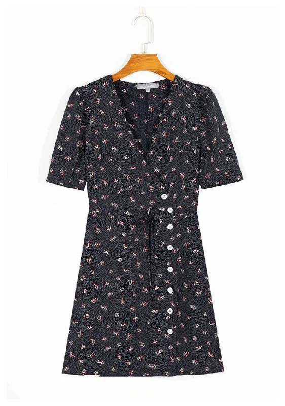 French minority fashion sexy wave dot floral print dress  7051