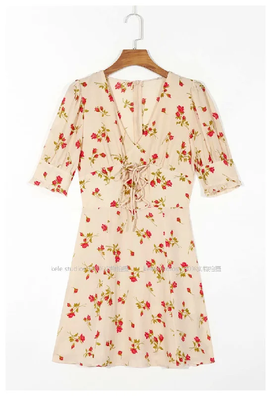 French minority V-neck retro fresh floral dress  7022