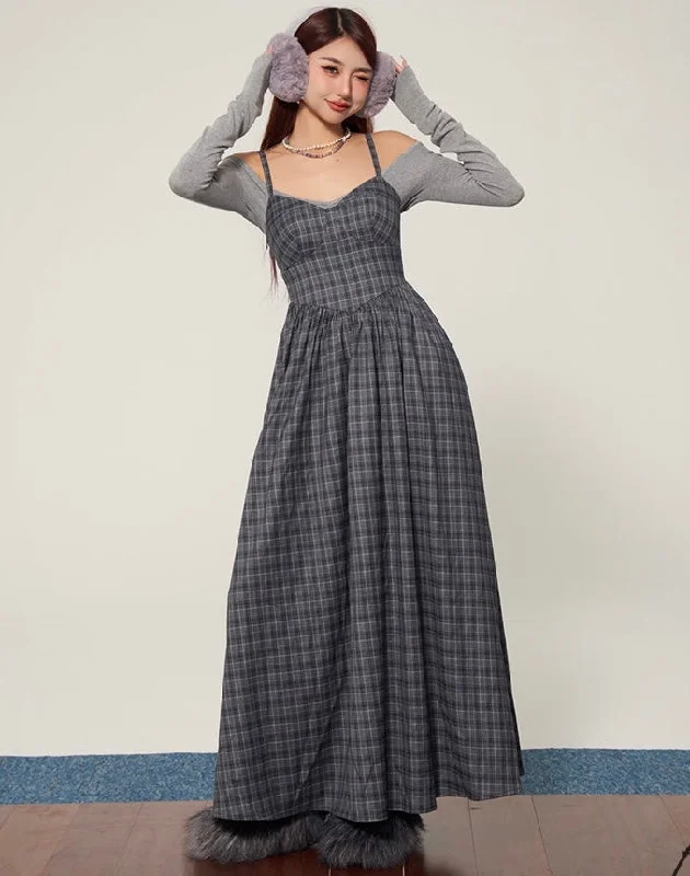 Holly Grey Plaid Spaghetti Strap V-Neck Long Maxi Dress