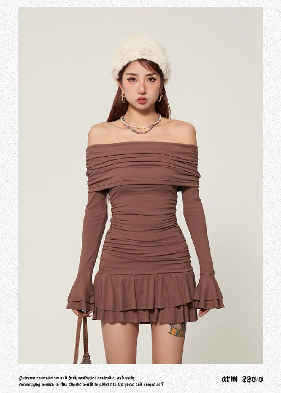 Isabelle Solid Color Ruched Off The Shoulder Long Sleeve Pleated Slim Dress