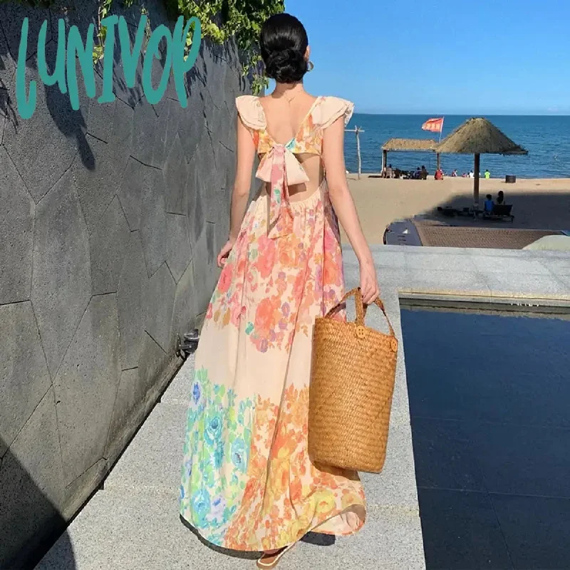 Lunivop 2024 New Sexy Women Ruffle Backless Sundress Deep V Summer French Elegant Bow Chic Slim Floral Party Vacation Slip Long Dress