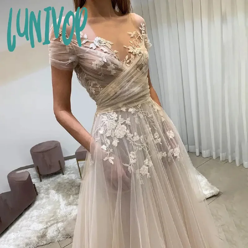 Lunivop A Line Boat Neck Wedding Dress For Women See Through Tulle Bridal Gown with Lace Floral Applique Floor length Homecoming Dresses