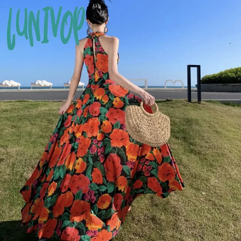 Lunivop Boho Halter Elegant Deep V Neck Long Clothing Grunge Retro Women Summer Slim Midi French Vacation Fairy One Piece Designer Dress