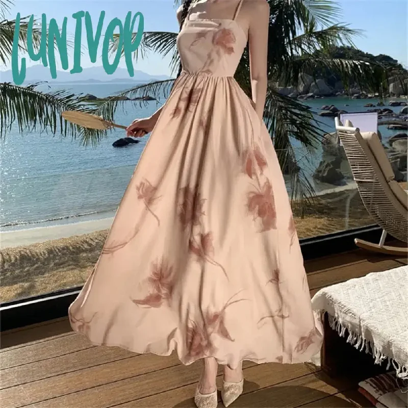 Lunivop Daring Halter Holiday Style Dress for Women 2024 Sleeveless Floral Vacation Summer French Sexy Ladies Simple Midi Clothes New