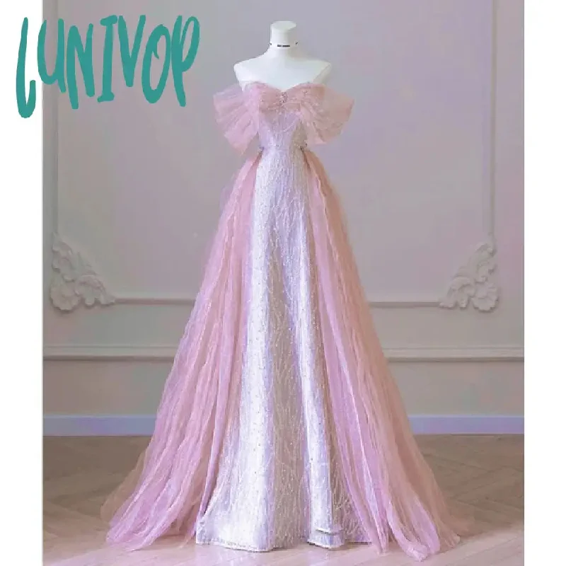 Lunivop Elegant Boat Neck Pink Formal Pearl Evening Dress 2024 Sweet Bow Quinceanera Dress Beading Banquet Party Dresses Vestidos