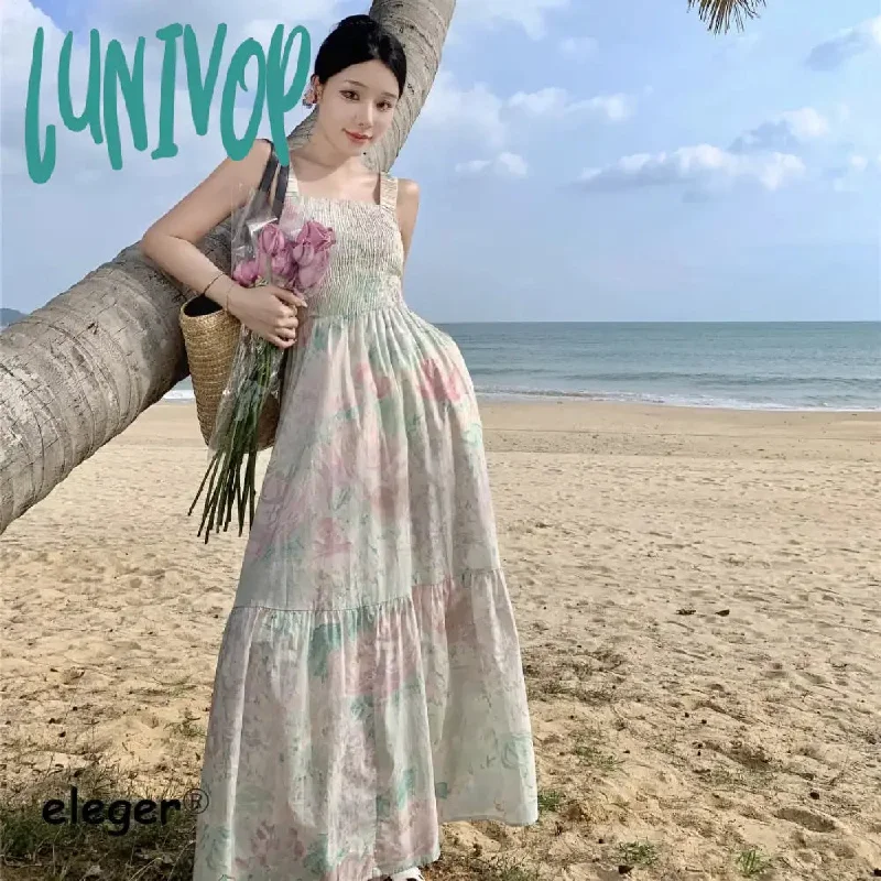 Lunivop Gentle Sweet Style Elegant Fashion Midi Dresses Floral Strappy Long New In Dresses Slim Casual Beach Clothing for Women