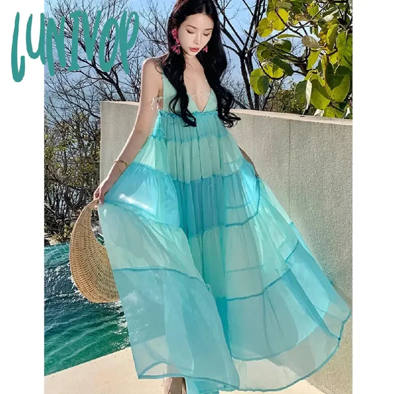 Lunivop Goddess Wear Birthday Dress Summer New Temperament Celebrity Fairy Light Luxury Senior Feather Dress Deep V-Neck Elegant