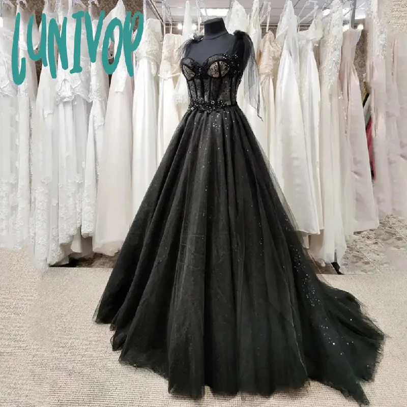 Lunivop Gothic Black Spaghetti Strap Wedding Dress Ball Gown Prom Dress Glitter Sweetheart Evening Dress Vestidos De Fiesta