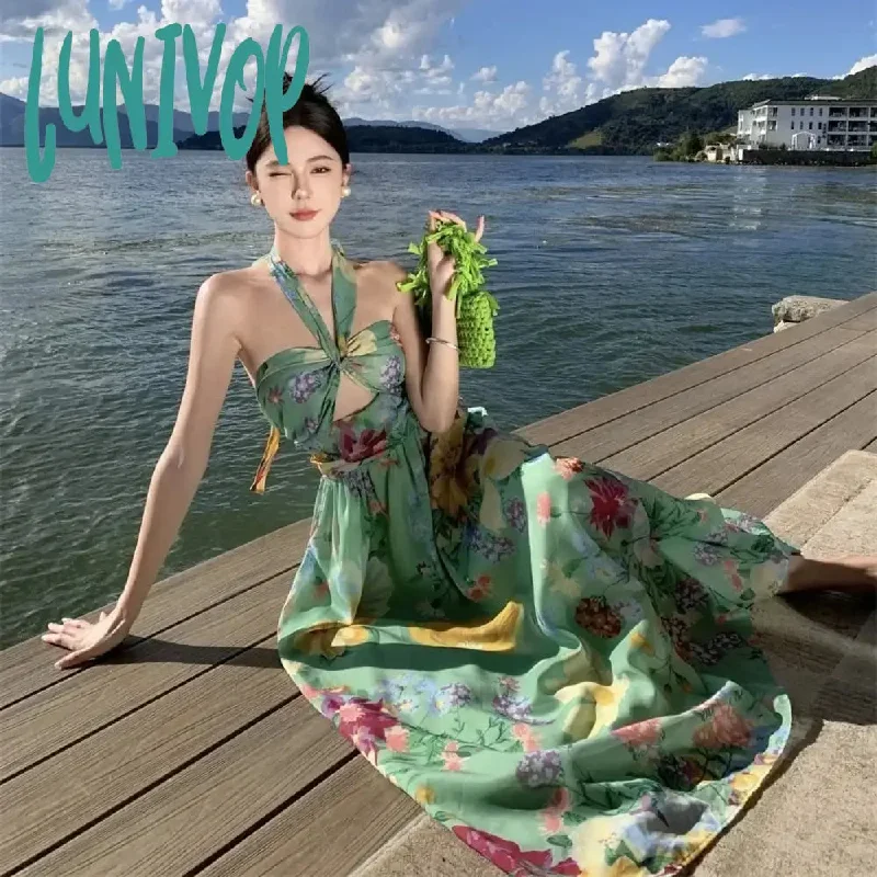 Lunivop Grunge Halter Fairy Retro Evening Dress for Women Floral Elegant Party Summer Dresses Fancy Daring Long Birthday Clothes New