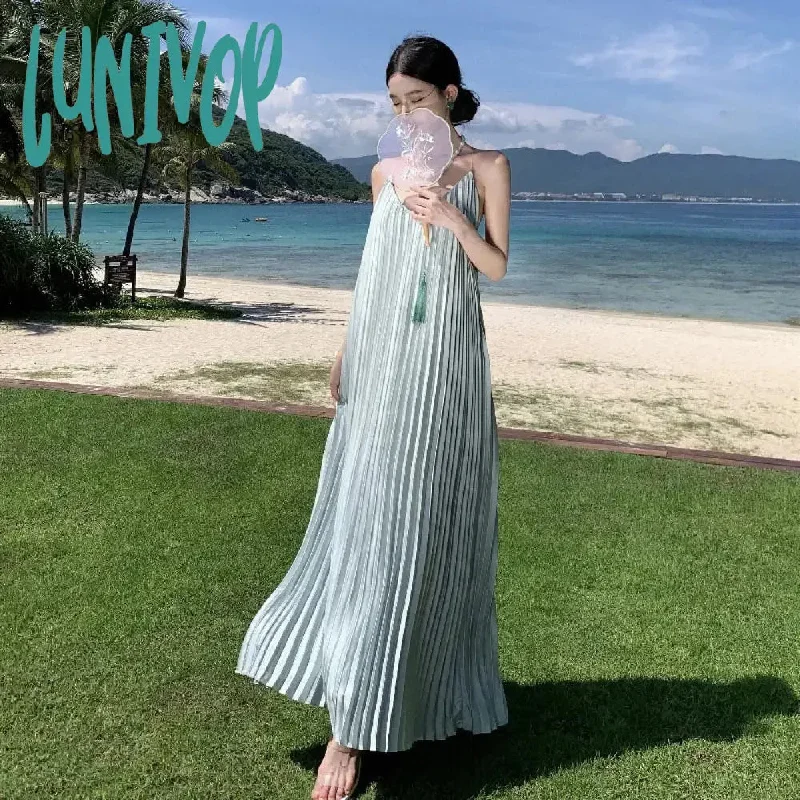 Lunivop Hawaiian Pleated Draped Women Clothing Grunge Long Summer Strappy Loose Daring Midi Korean Vacation Swinging Fashional Dresses