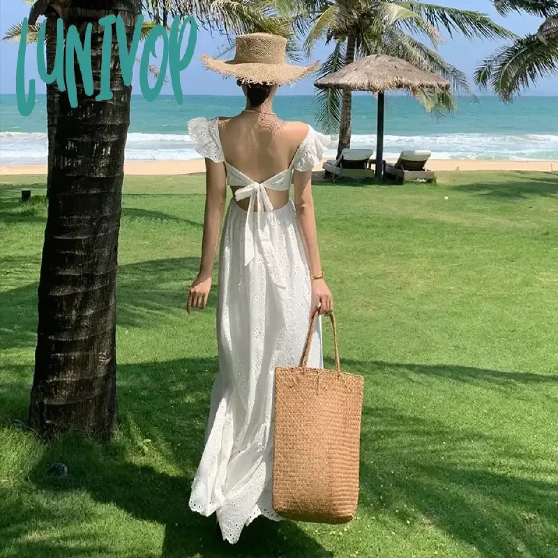 Lunivop Hollow Out Elegant Backless Midi Dresses with Bow Grunge Retro Women Summer Slim French Vacation Fairy One Piece Designer Dress