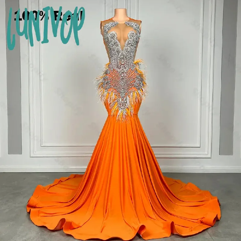 Lunivop Long Orange Fitted Mermaid Prom Dress 2024 Silver Beaded Rhinestone African Black Girls Satin Luxury Prom Gala Gowns