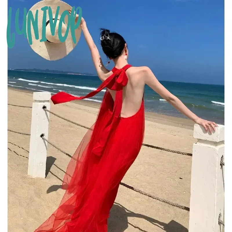 Lunivop New Celebrity Women Backless Prom Dress Summer Elegant Retro Sexy Red Evening Vacation Runway Vestidos Luxury Designer