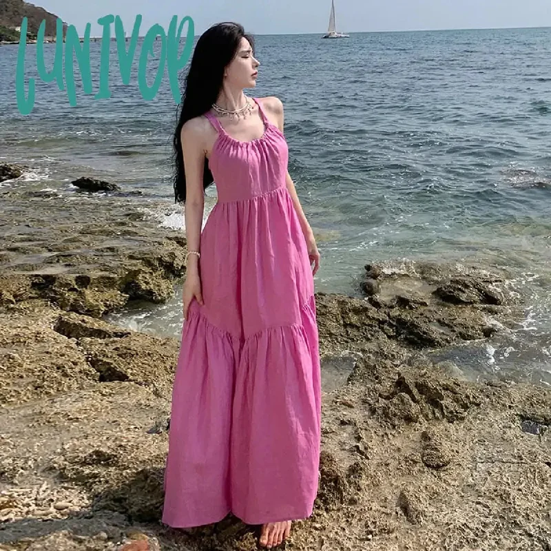 Lunivop New Summer Halter Backless Midi Women Dress Simple Loose Beach Vacation Pink Purple Long Sundress Korean Lolita Lazy