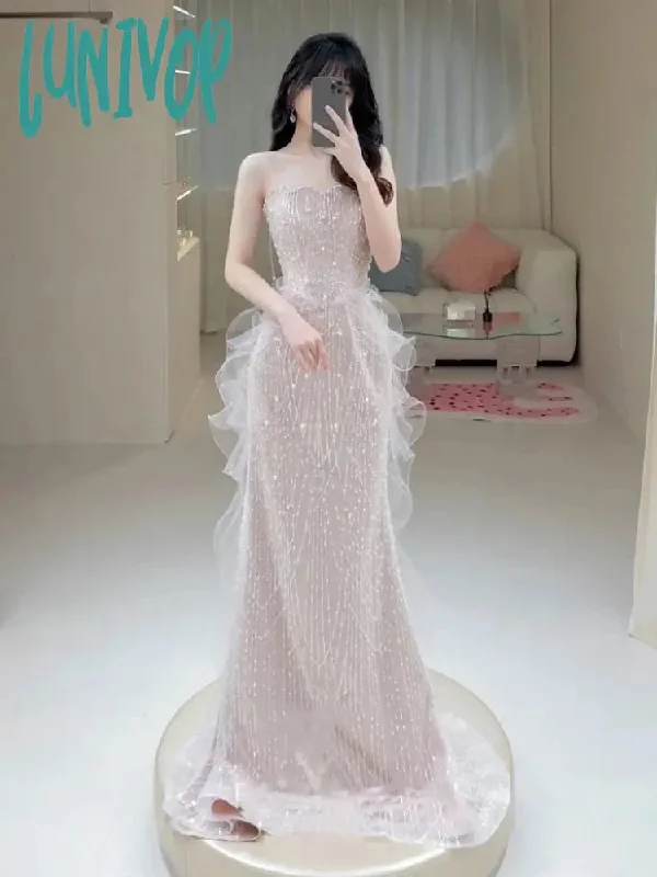 Lunivop Pink Shiny Strapless Celebrity Dresses Bead Sleeveless Off Shoulder Tulle Elegant Light Luxury Mermaid Toast Prom Evening Gowns