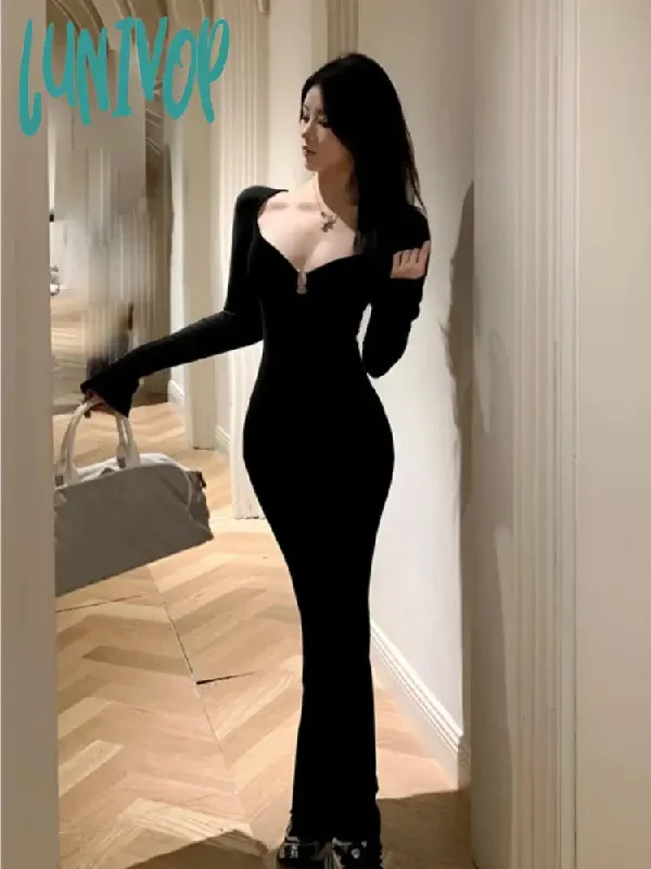 Lunivop Women Sexy Bodycon Party Club Long Dress Spring Autumn Fashion Solid One Piece Robe Streetwear Female Elegant Pencil Dresses