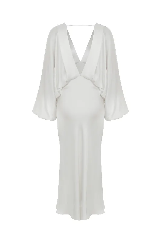 Mila V neck Satin Dress in White