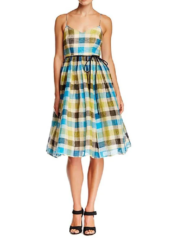 Sara Emanuel V-Neck Plaid Linen Dress