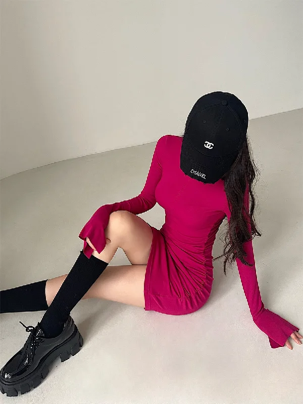 Shelby Solid Color Zip Up Long Sleeve Slim Turtleneck Mini Dress