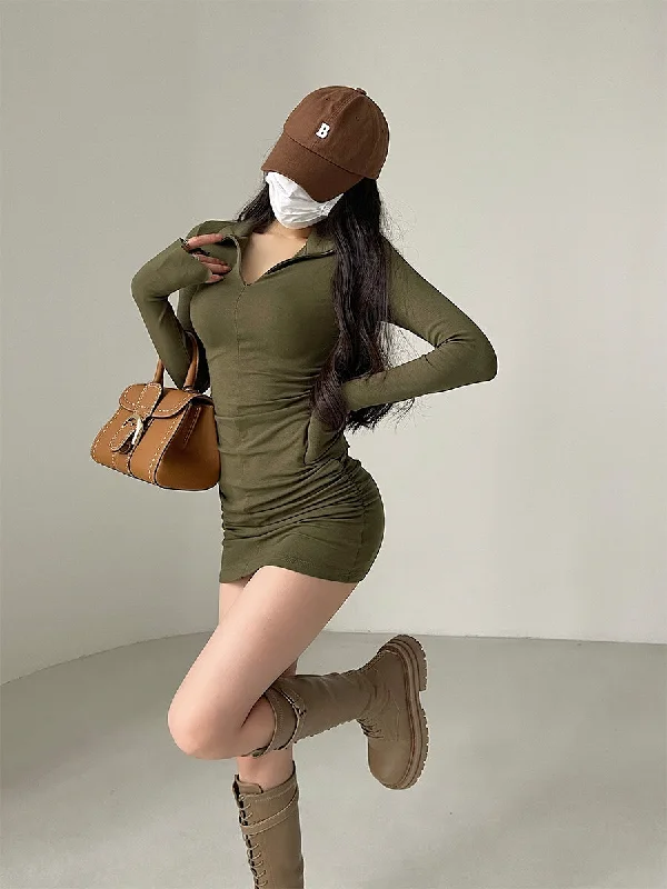 Shelby Solid Color Zip Up Long Sleeve Slim Turtleneck Mini Dress