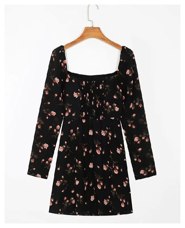 Square neck long sleeve slim waist floral print dress  7050