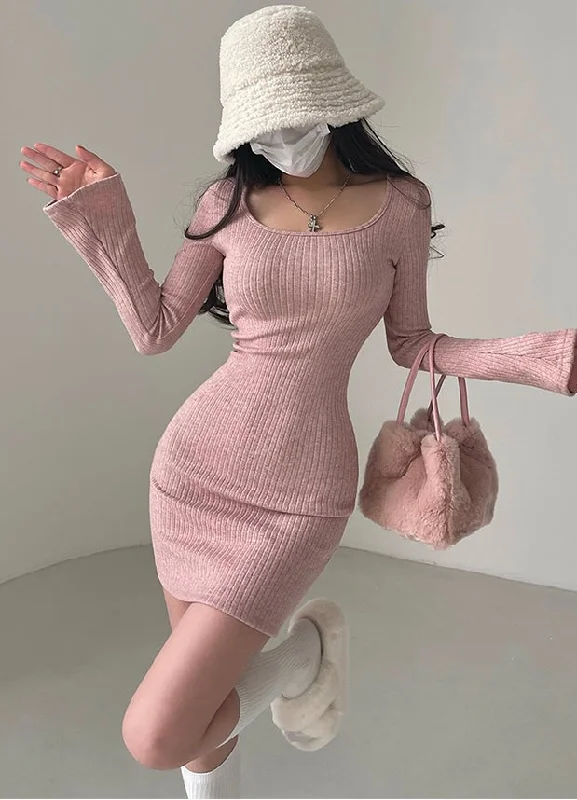 Summer Solid Color Ribbed Flare Sleeve Long Sleeve Slim Mini Dress