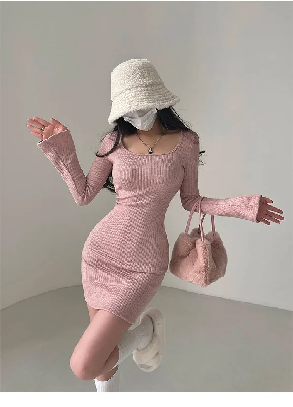 Summer Solid Color Ribbed Flare Sleeve Long Sleeve Slim Mini Dress