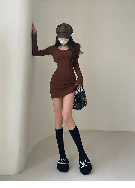 Summer Solid Color Ribbed Flare Sleeve Long Sleeve Slim Mini Dress